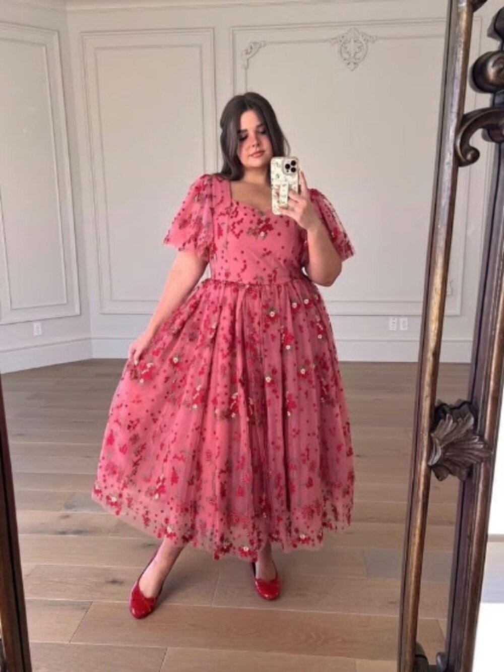 JessaKae Scarlet Dress - Rose Pink Embroidered Tulle Midi Dress